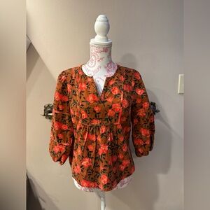 Sonoma Floral Corduroy Orange Peasant Blouse with 3/4 Balloon Sleeves Sz S